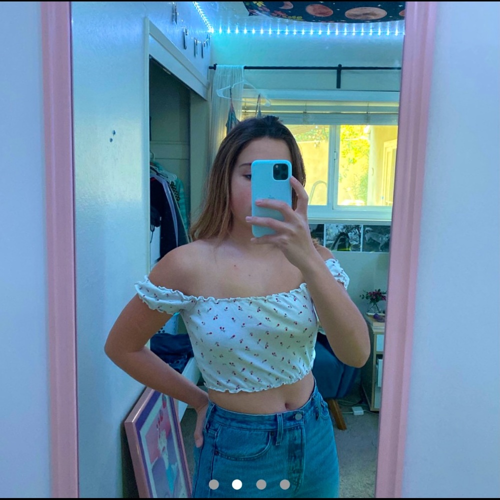 White Off the Shoulder Top with Flower prints